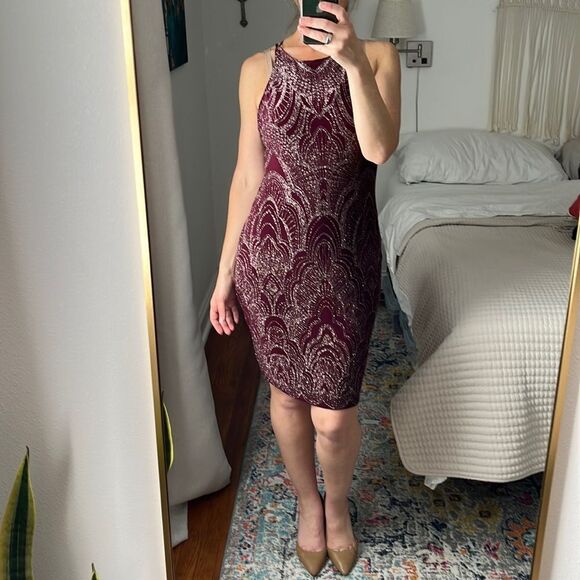 Jump‎ Apparel Dress Juniors XL Burgundy Glitter Open Back - Picture 1 of 8